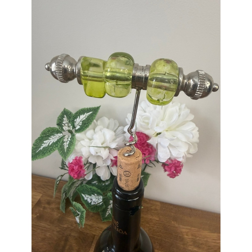 Vintage Art Glass Green Handle Corkscrew Mid‎ Century Barware Decor MCM Bar Cart